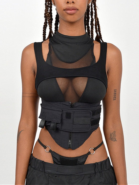Cyber Gothic Slim Waist Round Neck Mesh Top