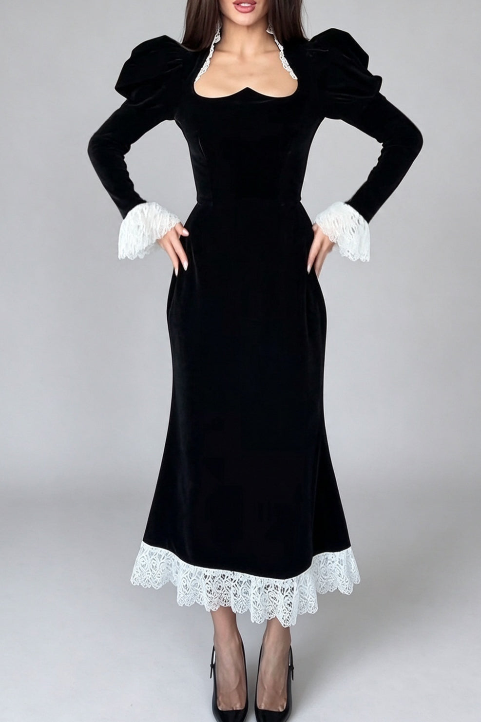 Contrast Lace Puff Sleeve Maxi Dress