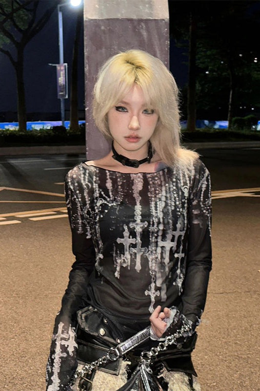 Y2K Gothic Punk Print Mesh Long Sleeve Knit Top