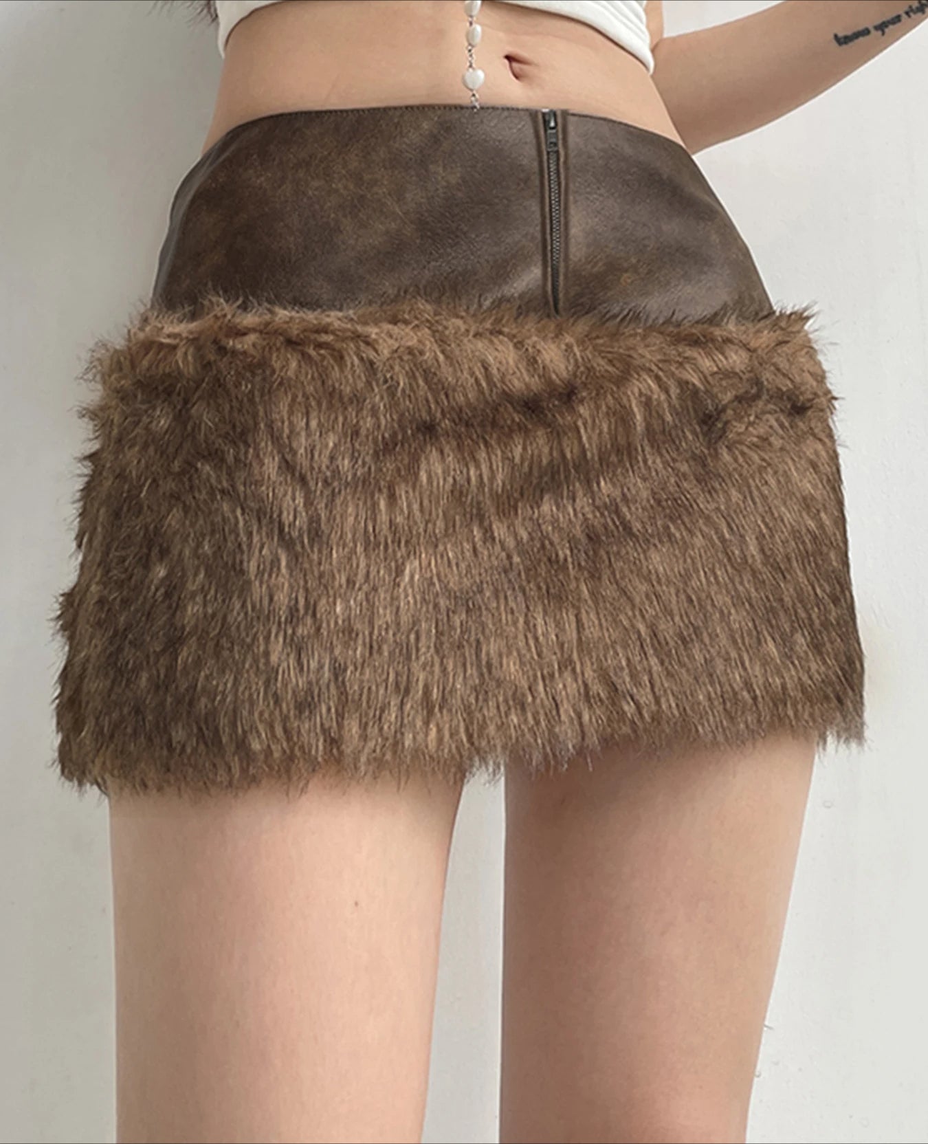 Patchwork PU Leather Furry Skirt Main image