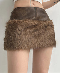 Patchwork PU Leather Furry Skirt