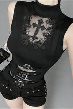 Gothic Cross Cutout Sheer Mesh Top