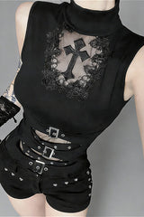Gothic Cross Cutout Sheer Mesh Top