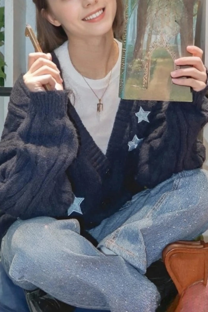 Y2k Star Embroidery Navy Knitted Women's Casual Cardigan Sweater Secondary image