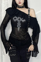 Cross Graphic Asymmetric Ruffle Sweatshirt