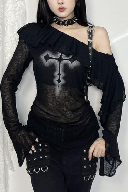Cross Graphic Asymmetric Ruffle Sweatshirt