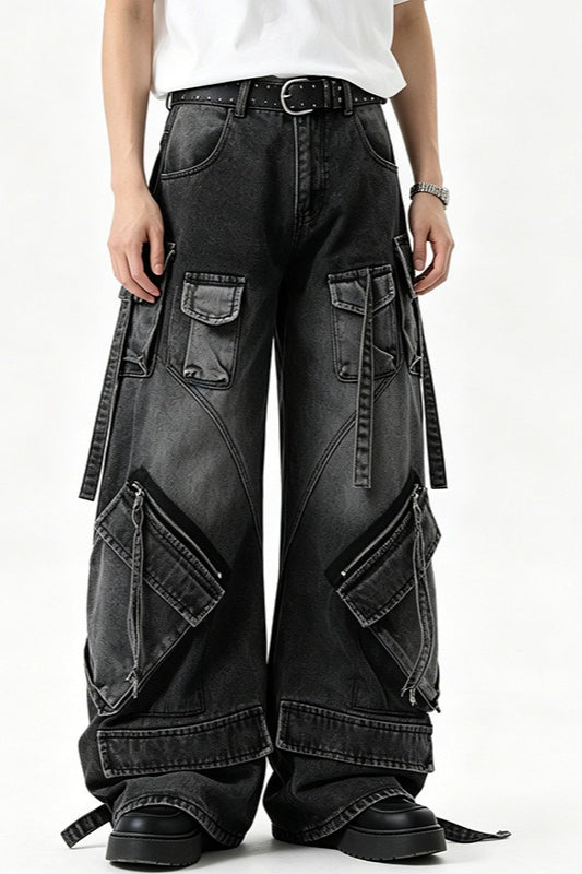 Multi-Pocket Strap Cargo Jeans