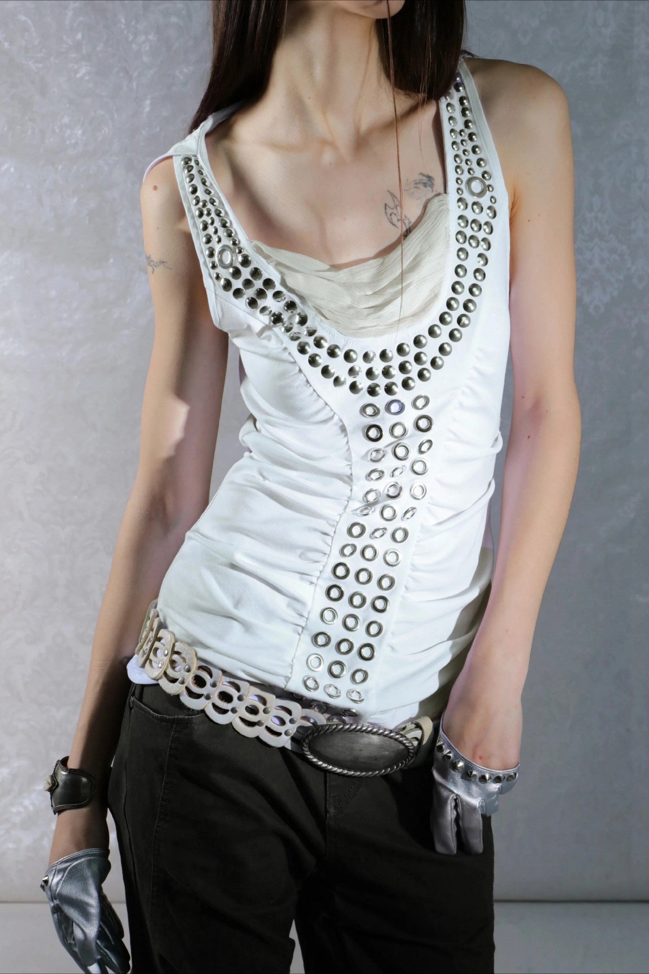 Punk Hooded Eyelet Drawstring Metal Tank Top