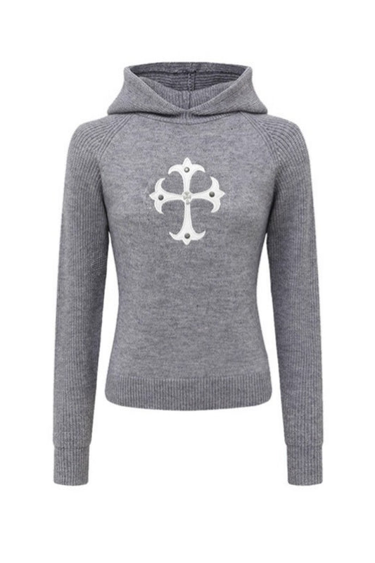 Gothic Hooded Cross Embroidered Knit Top Secondary image