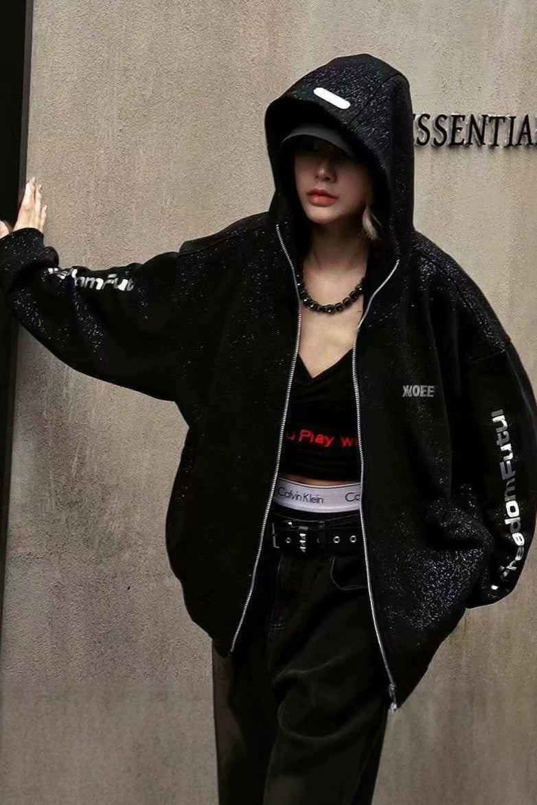 Textured Letter Graphic Zip Hoodies