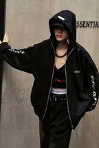 Textured Letter Graphic Zip Hoodies