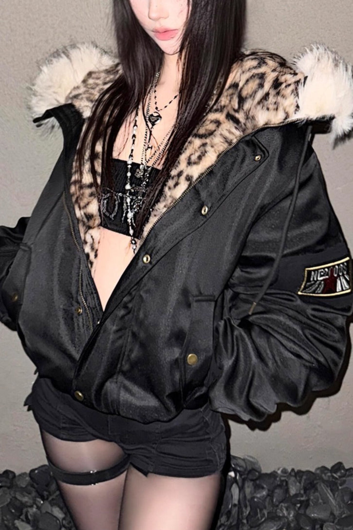 Leopard Lining Fluffy Trim Hoodies