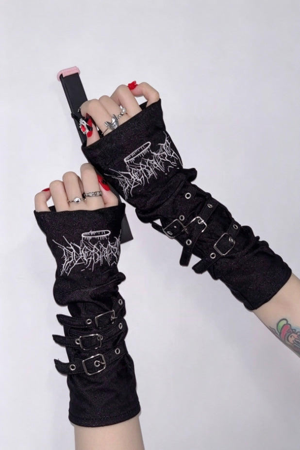 Buckle Graphic Open Finger Gloves