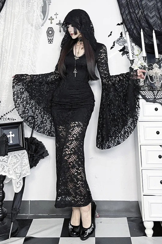 Dark Gothic Lace Flared-sleeve Hollow-out Hem Maxi Dress Main image