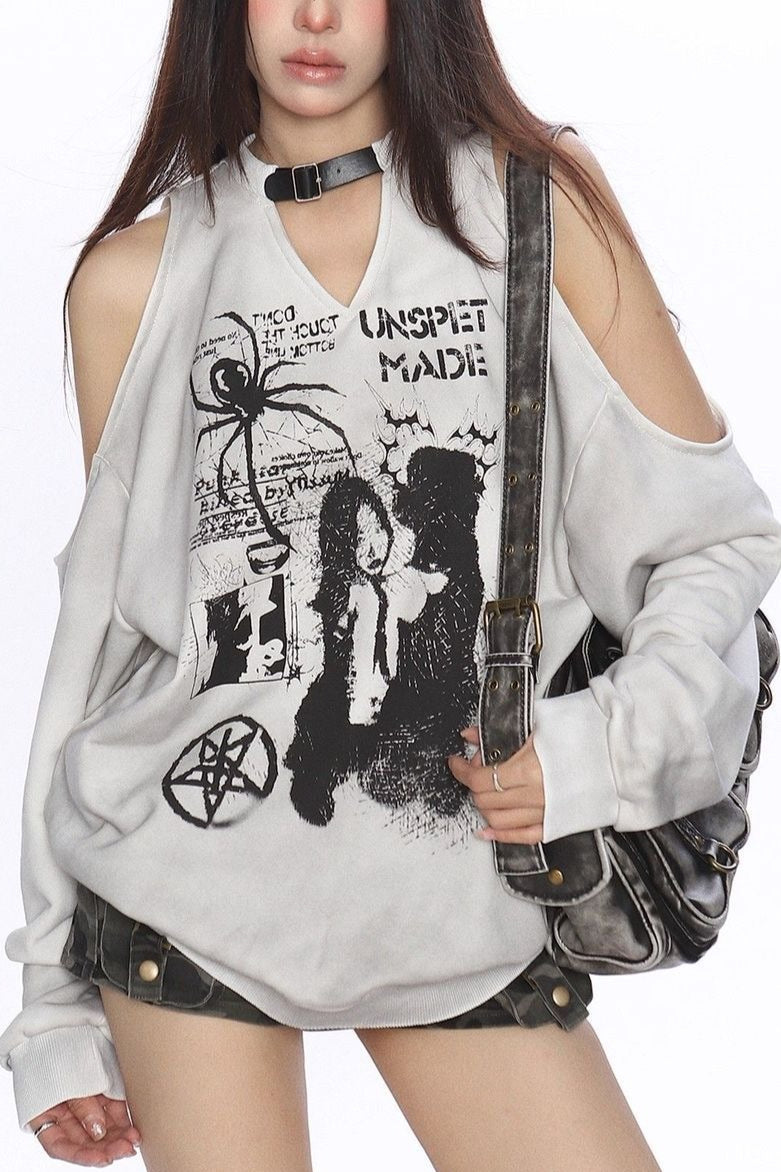 Portrait Graphic Shoulder Cutout Sweatshirt