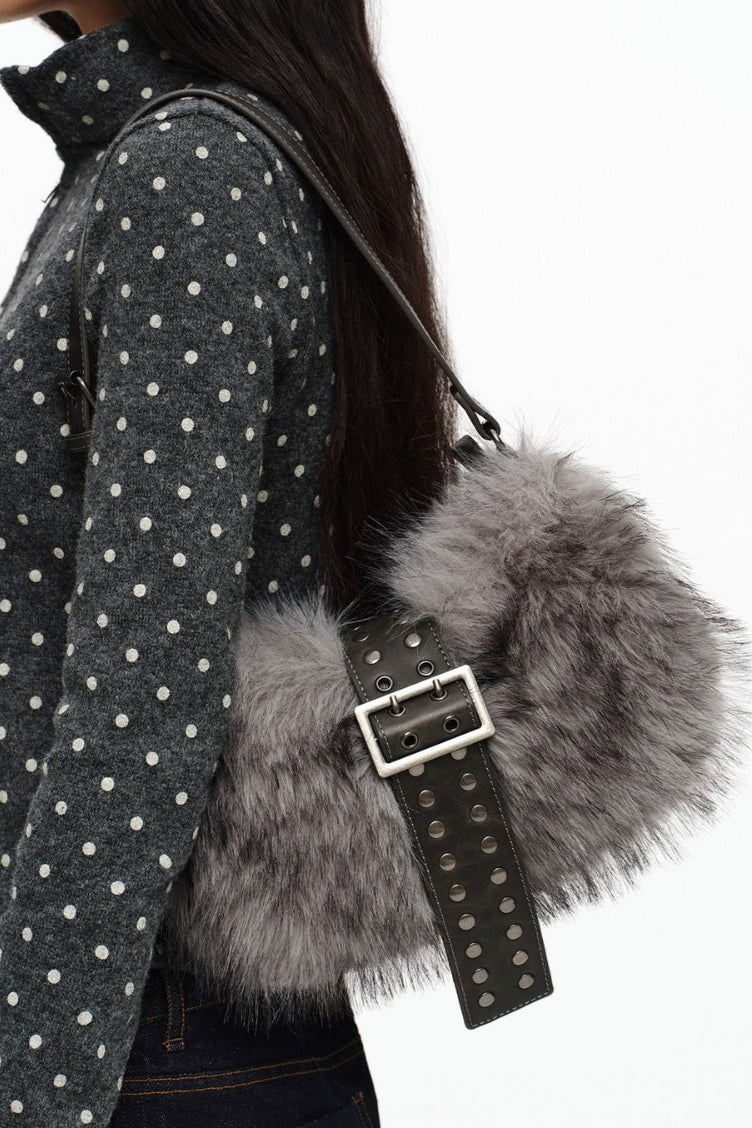 Fluffy Studded Buckle Shoulder Bags