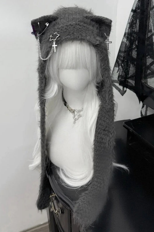 Harajuku Cat Ear Cross Chain Leather Buckle Knitted Winter Hat Secondary image