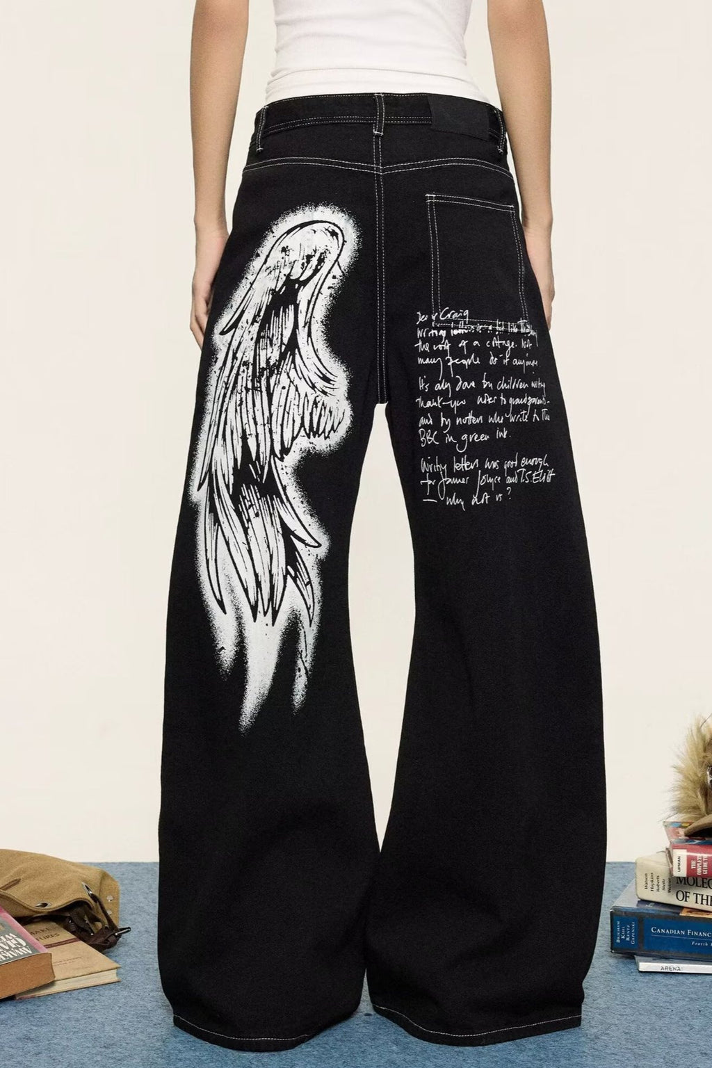 Wing Print Wide Leg Denim Pants