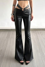 Metal Detail Flared Leather Pants
