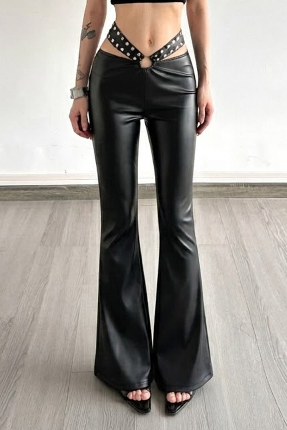 Metal Detail Flared Leather Pants