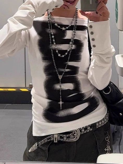 Virtual Print Off Shoulder Slim Fit Rivet T-shirt Main image