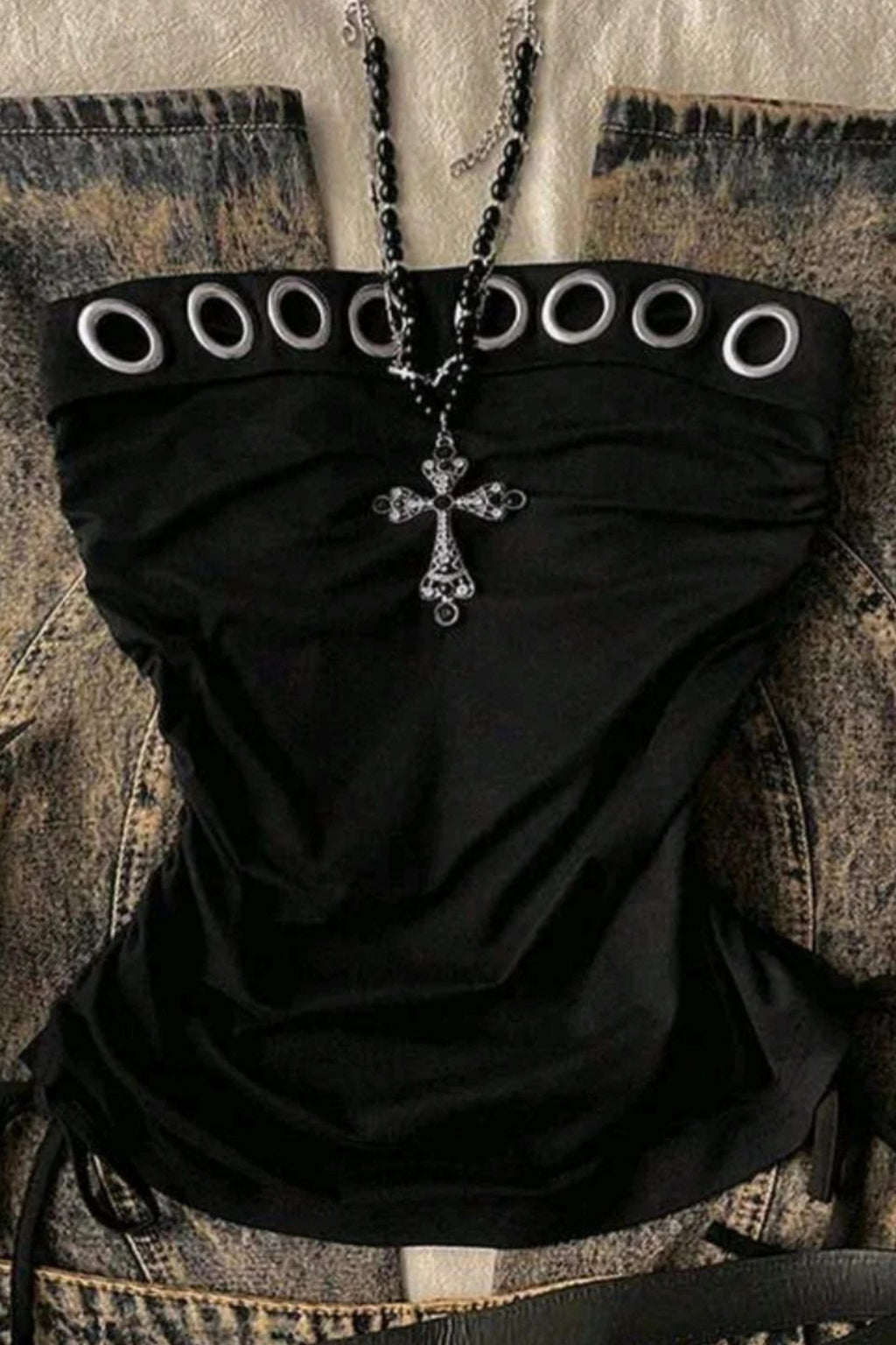 Ring Detail Strapless Drawstring Crop Top