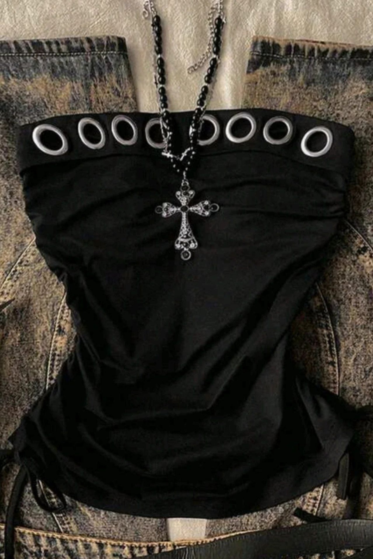 Ring Detail Strapless Drawstring Crop Top