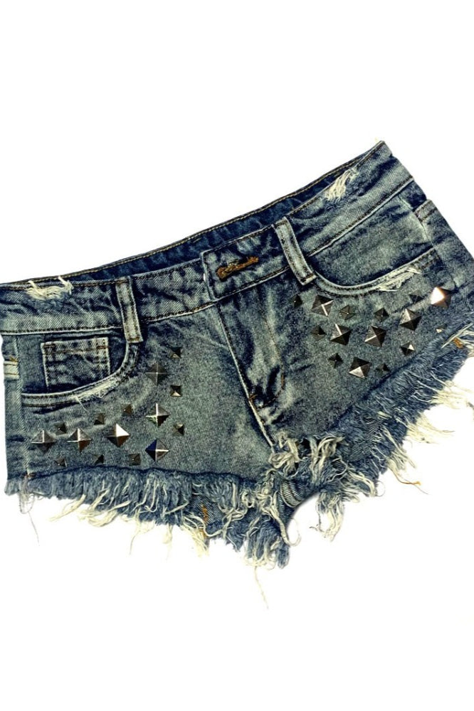 Punk Studded Distressed Low-Rise Denim Shorts Secondary image
