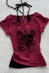 Y2K Print Tie-Detail Patchwork Long Sleeve Knit Top