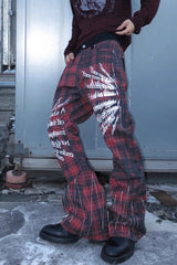 Punk Street Red Plaid Print Flare Curved Blade Denim Pants