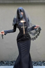 Gothic Lace Veil Cross Maxi Dress