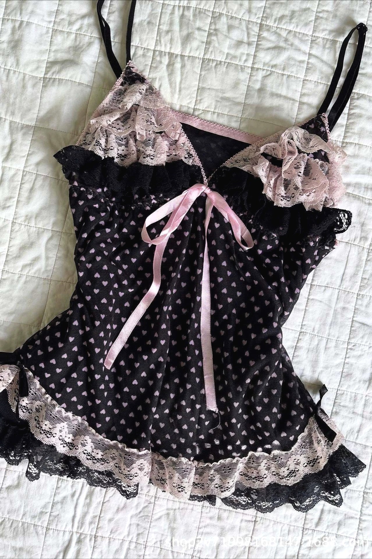 Black Pink Heart Polka Dot Lace Splice Cami Secondary image