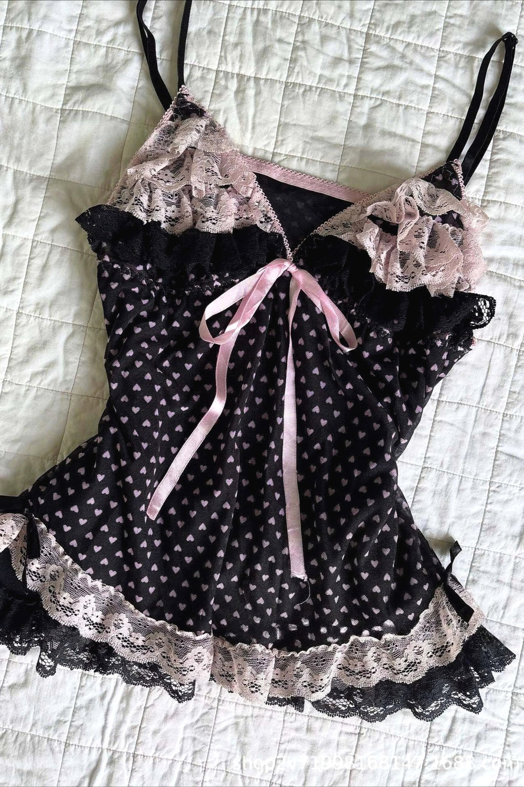 Black Pink Heart Polka Dot Lace Splice Cami