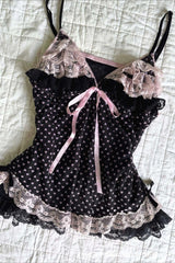 Black Pink Heart Polka Dot Lace Splice Cami