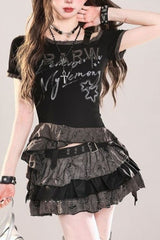 Dark Y2K Angel Print Off-Shoulder Slim T-shirt