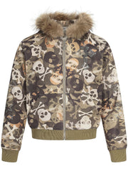 Y2K High-Street Camo Skull Print Hooded Zip Coats with Furry Coat
