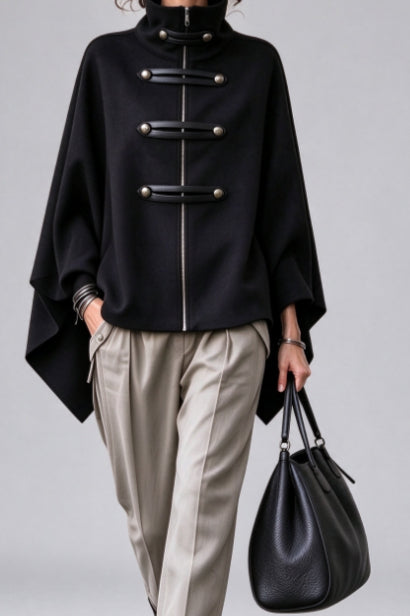 Metal Trim Stand Collar Cape Jackets