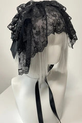 Gothic Lolita Maid Black Lace Bow Veil Hat