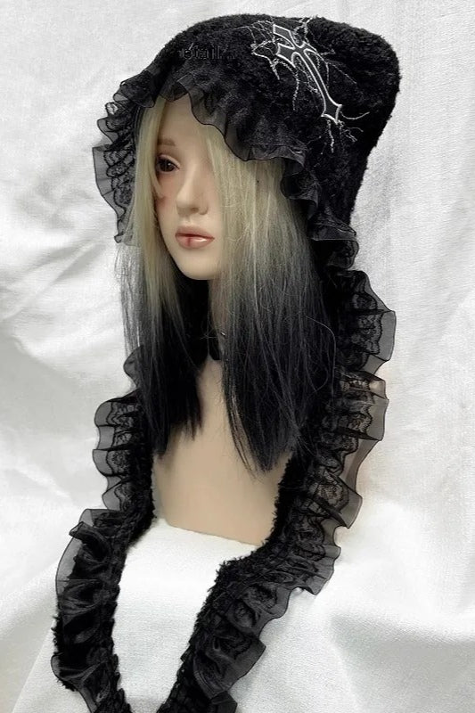 Gothic Lolita Cat Ear Lace Cross Y2K Punk Knit Hat Main image