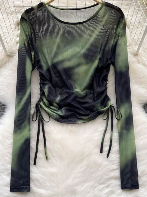 Cyber Tie Dye Drawstring Slim Long Sleeve Mesh Top Secondary image