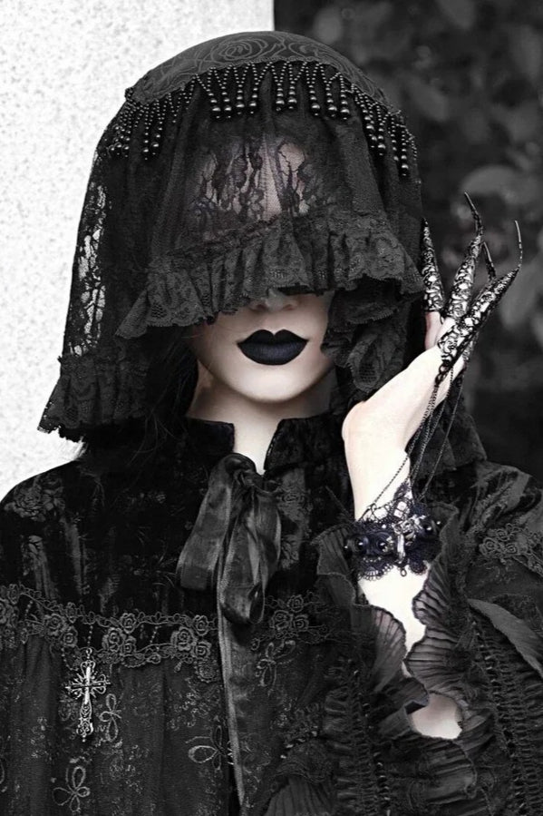 Gothic Black Lace Beaded Veil Lolita Hat Main image
