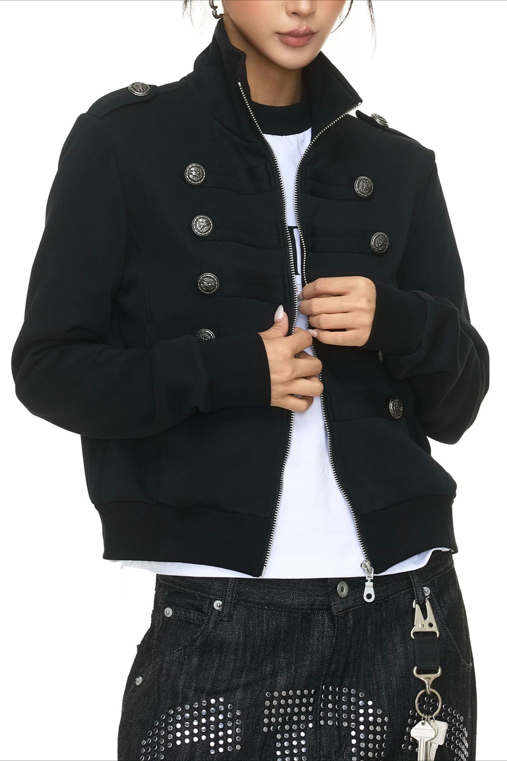 Military Button Trim Zip Jackets