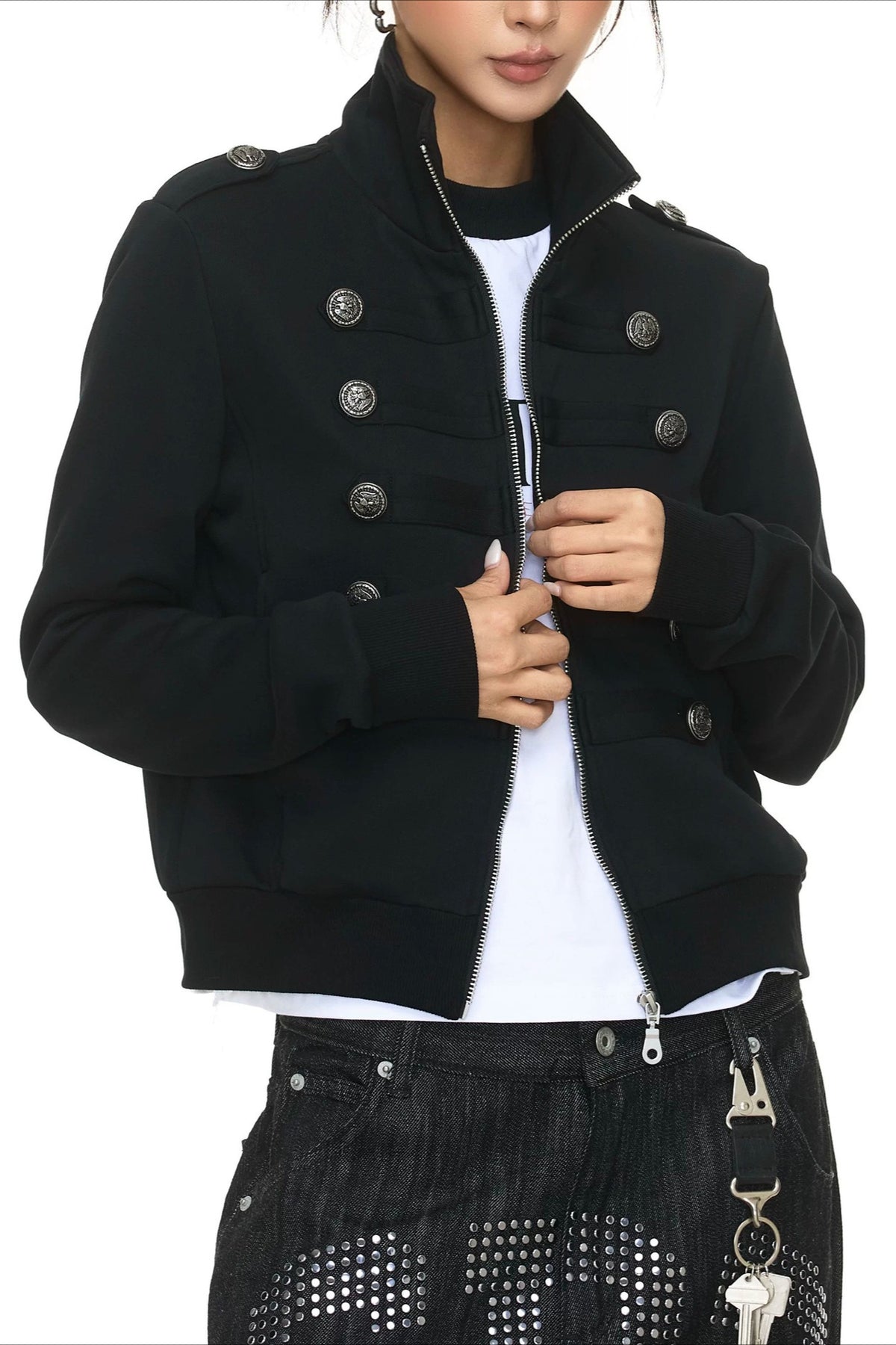 Military Button Trim Zip Jackets