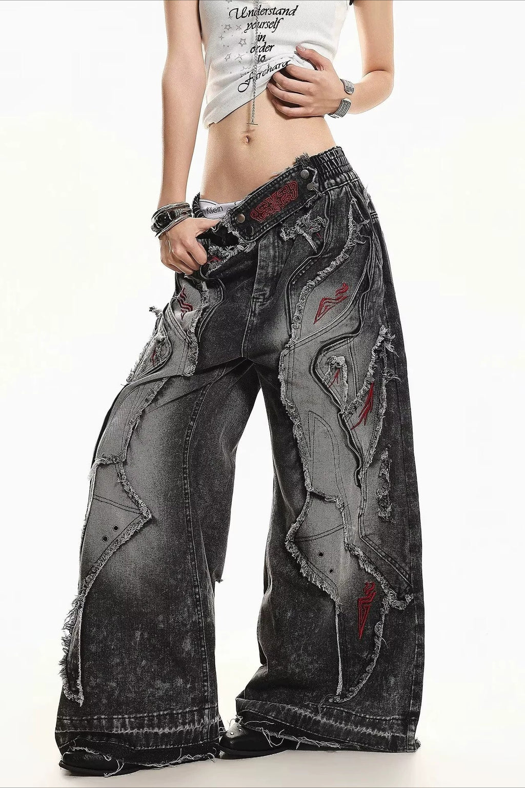 Curved Seam Washed Denim Pants