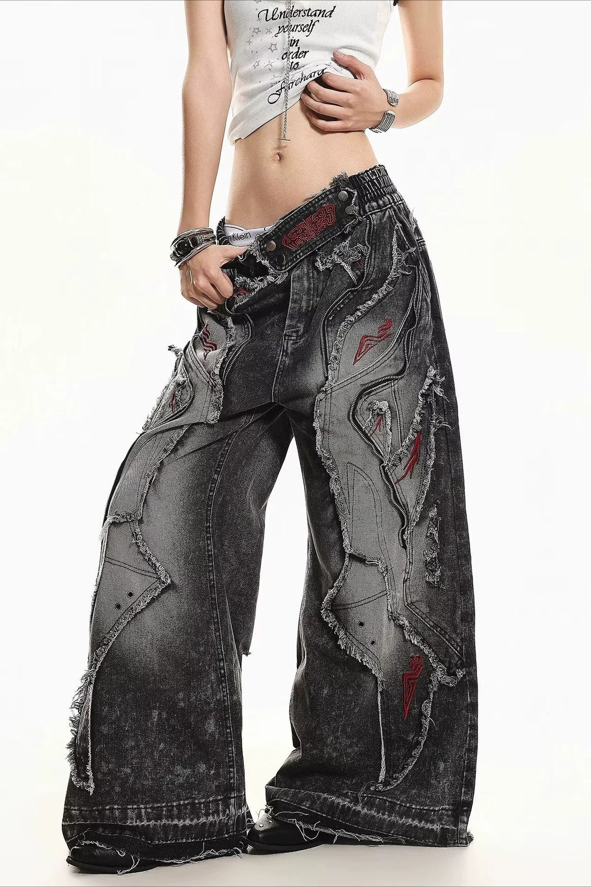 Curved Seam Washed Denim Pants