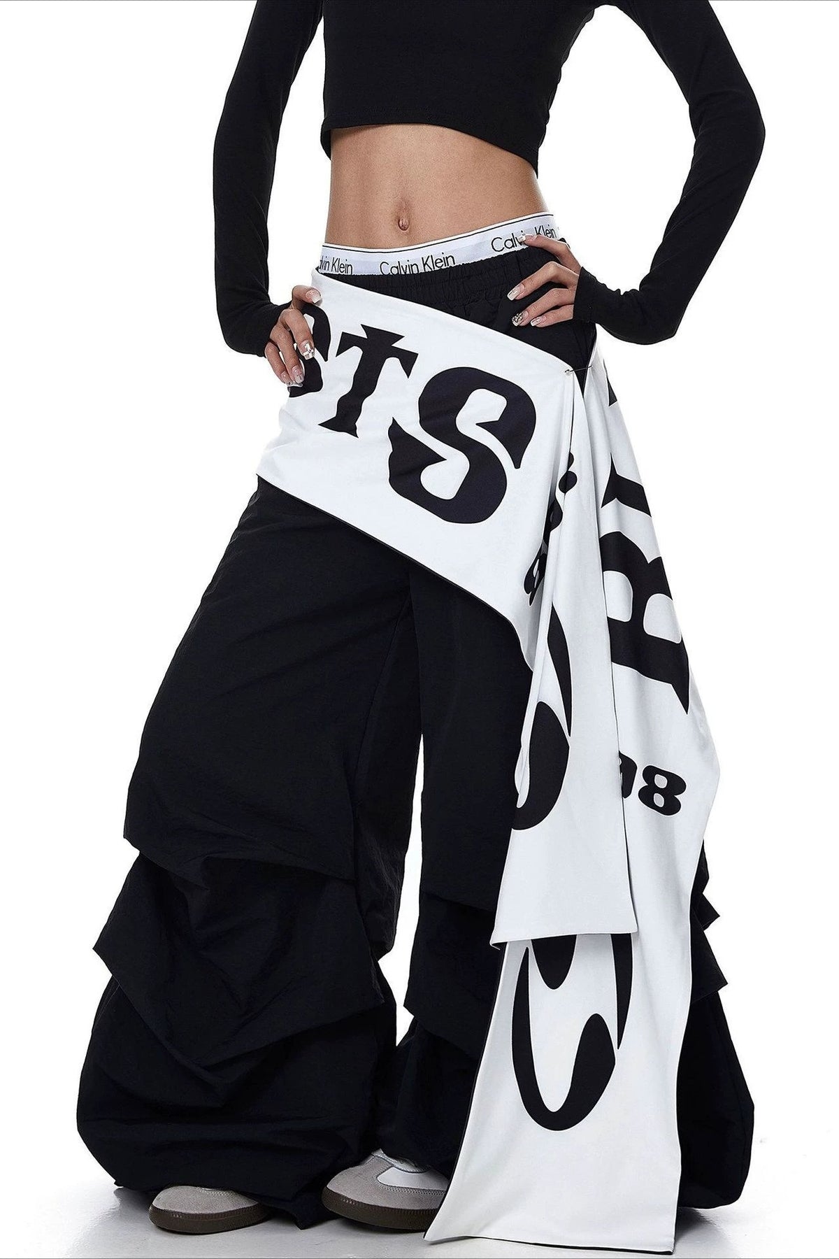 Layered Letter Print Parachute Pants