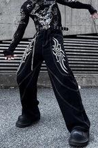 Embroidered Contrast-Stitch Wide-Leg Jeans