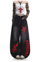 Red Emblem Washed Denim Pants