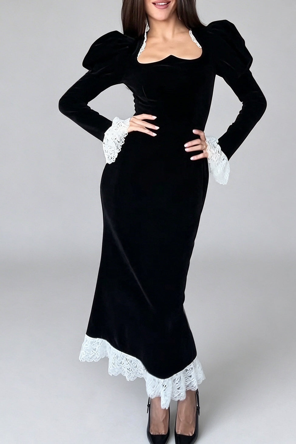 Contrast Lace Puff Sleeve Maxi Dress