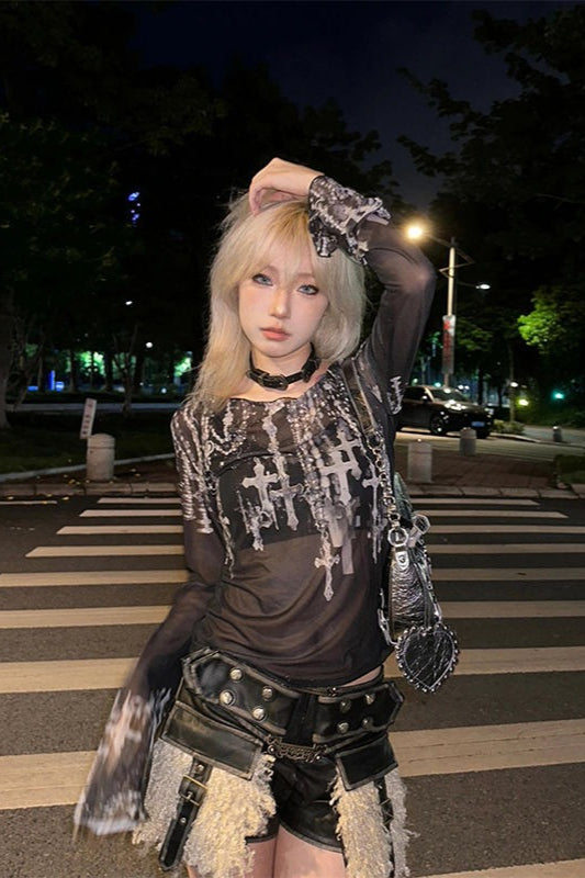 Y2K Gothic Punk Print Mesh Long Sleeve Knit Top Secondary image